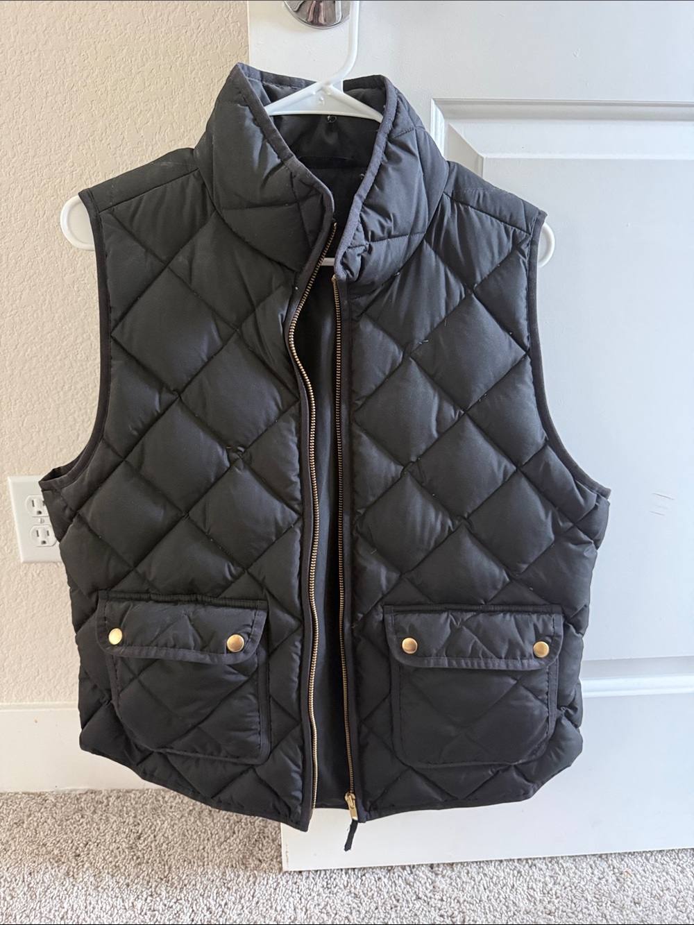 J. Crew Black Quilted Puffer Vest with Gold-Tone Hardware